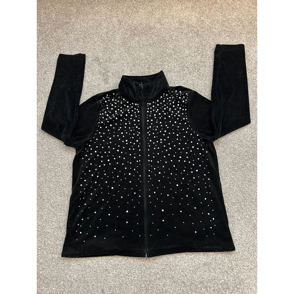Y2K Sag Harbor Zip Up Jacket Womens Large Black Rhinestone Mock Neck Excellent